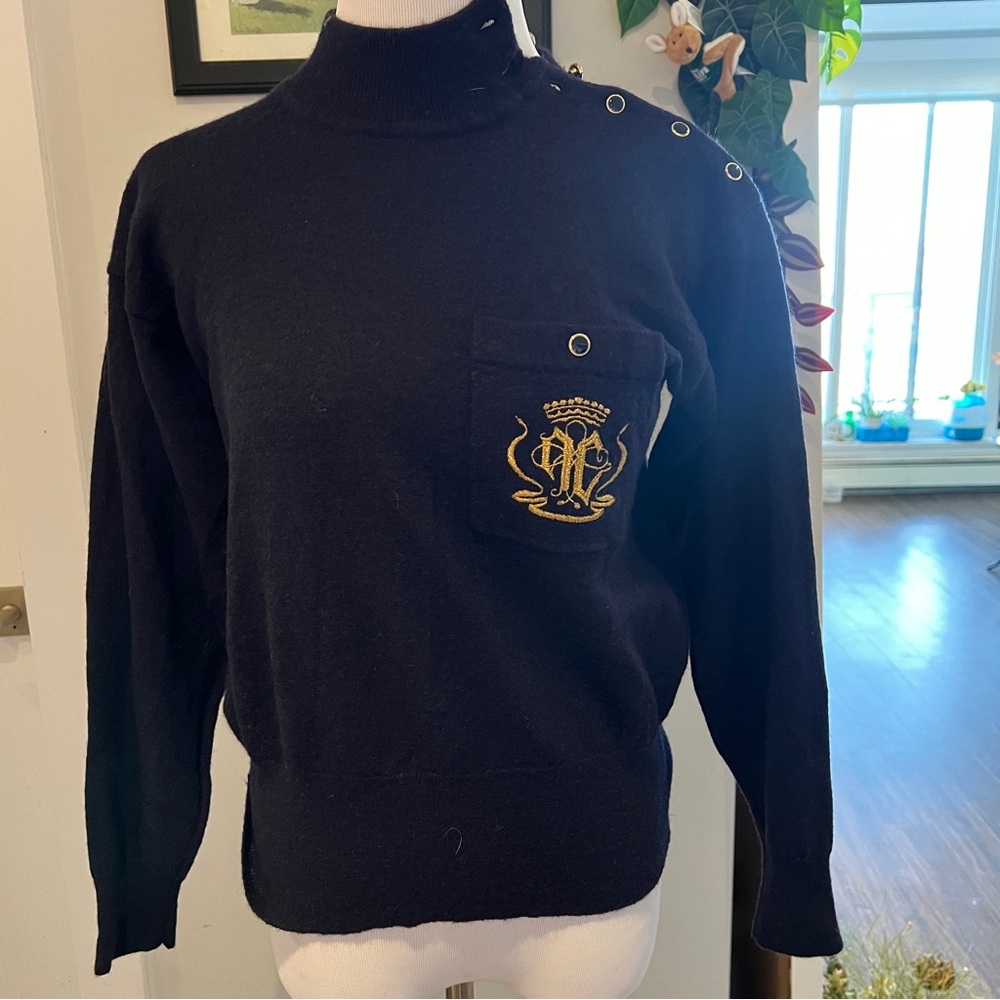 Vintage Jones New York Lambswool Navy Blue Turtleneck Sweater with Gold Crest